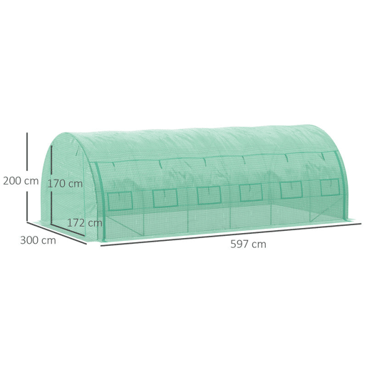 Outsunny Estufa de Túnel de Jardim 597x300x200 cm com Porta Lateriais e Janelas Enroláveis Cobertura de PE 140gm² e Metal Galvanizado para Cultivos de Plantas Verduras Verde