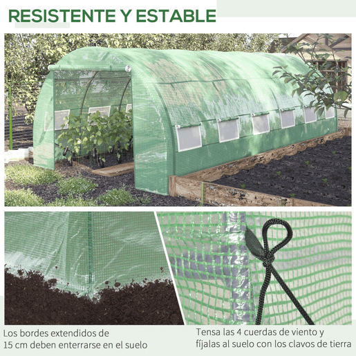 Outsunny Estufa de Túnel de Jardim 597x300x200 cm com Porta Lateriais e Janelas Enroláveis Cobertura de PE 140gm² e Metal Galvanizado para Cultivos de Plantas Verduras Verde
