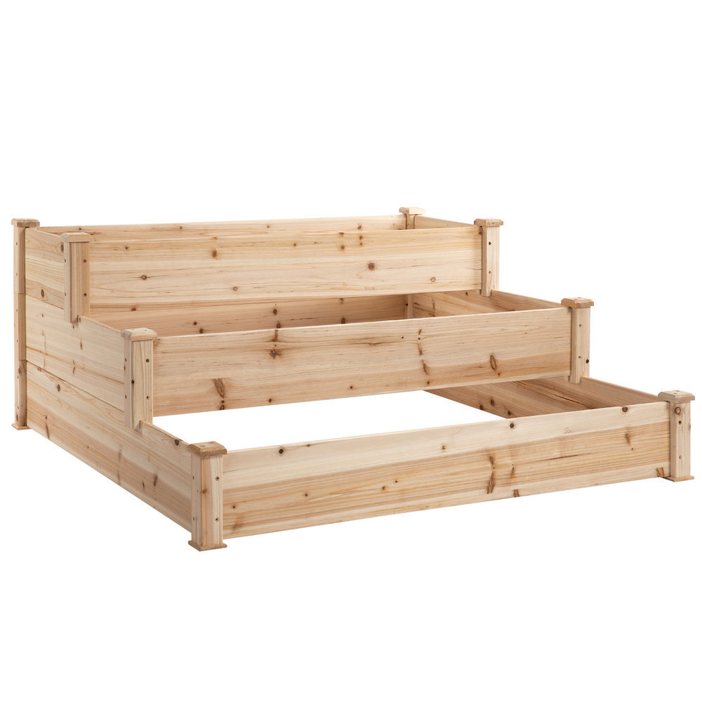 Outsunny jardinera exterior grande de madera arriate de jardín de 3 niveles con diseño de escalera huerto urbano para cultivos plantas flores para patio terraza balcón 120x120x56 cm natural
