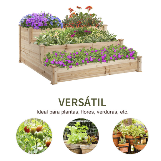 Outsunny Caixa de Plantio de Madeira Caixa de Plantio de Jardim com 3 Níveis Desenho de Escada Horta para Cultivos de Plantas Flores para Pátio Varanda 120x120x56 cm Madeira