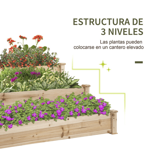 Outsunny Caixa de Plantio de Madeira Caixa de Plantio de Jardim com 3 Níveis Desenho de Escada Horta para Cultivos de Plantas Flores para Pátio Varanda 120x120x56 cm Madeira