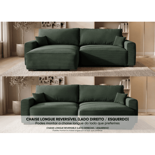 Sofá-Cama Chaise Longue BUDWING Lauren Verde Abeto - 4 Lugares - 269x158x96 cm