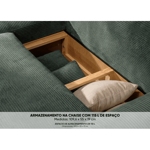 Sofá-Cama Chaise Longue BUDWING Lauren Verde Abeto - 4 Lugares - 269x158x96 cm