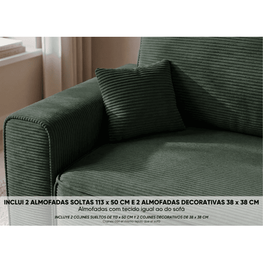 Sofá-Cama Chaise Longue BUDWING Lauren Verde Abeto - 4 Lugares - 269x158x96 cm