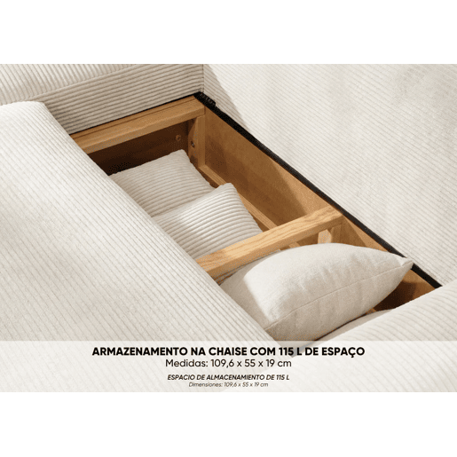 Sofá-Cama Chaise Longue BUDWING Lauren Bege - 4 Lugares - 269x158x96 cm
