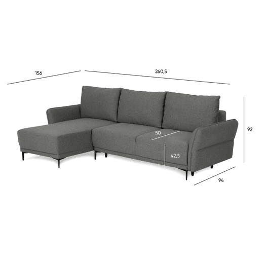 Sofá-Cama Chaise Longue BUDWING Toby Cinzento Vulcão - 4 Lugares - 260,5x156x92 cm