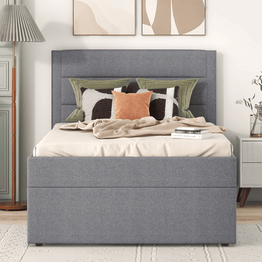 Cama articulada com estrado de ripas - 90x200 cm - tecido de linho - Cinzento