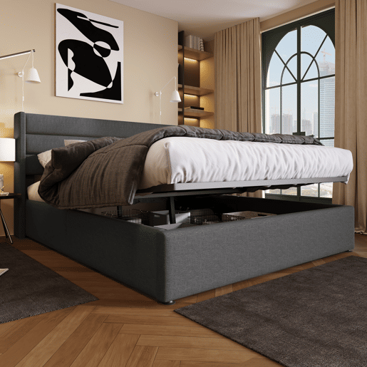 Cama de arrumação em linho com estrado de ripas - 140x200cm - Cinzento