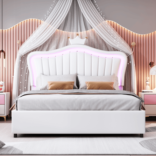Cama contentora em pele sintética 140x200 cm - com LED e estrado - Branco