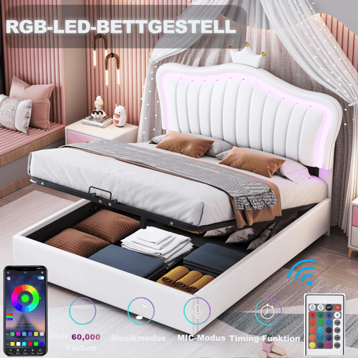 Cama contentora em pele sintética 140x200 cm - com LED e estrado - Branco