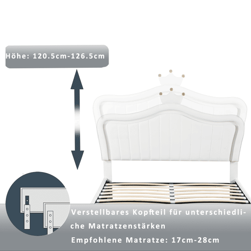 Cama contentora em pele sintética 140x200 cm - com LED e estrado - Branco