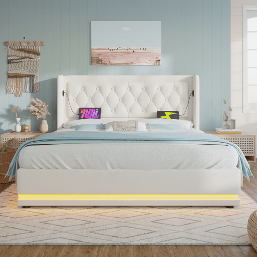 Cama contentora estofada 160 x 200 cm em imitação de pele - com função de carregamento e LED ao pé da cama - Branco