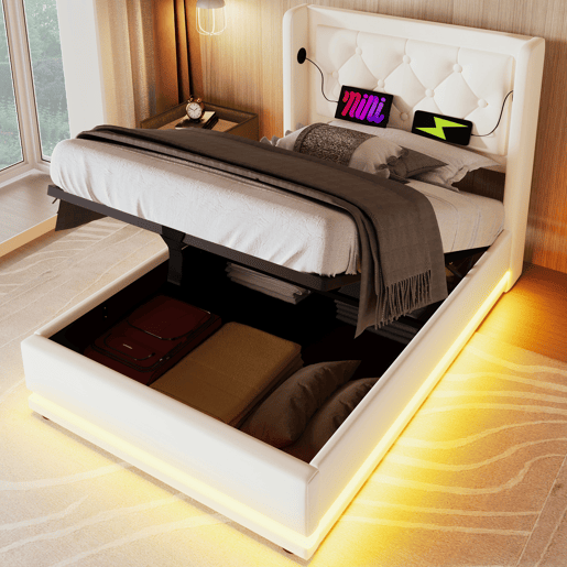 Sofá-cama estofado de 90 x 200 cm em imitação de pele - com função de carregamento e LED ao pé da cama - Branco
