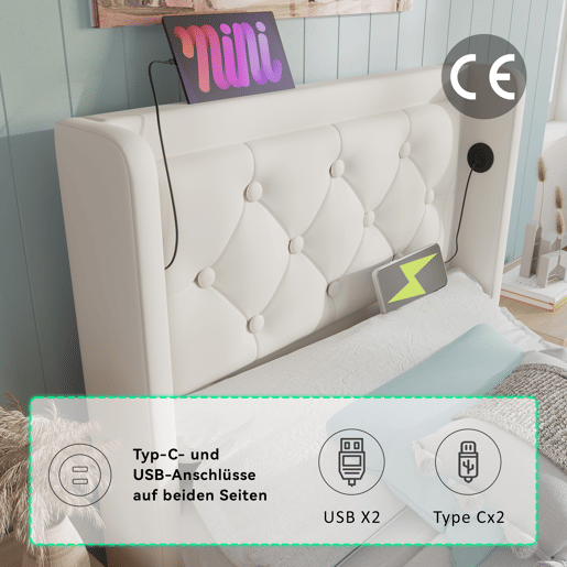 Sofá-cama estofado de 90 x 200 cm em imitação de pele - com função de carregamento e LED ao pé da cama - Branco
