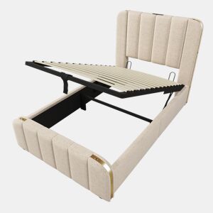 Cama de arrumação em tecido de linho 90x200 cm - com carregamento USB e tipo C - decorada com riscas douradas - Bege