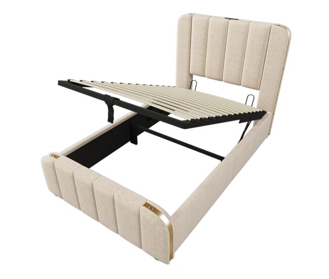 Cama con almacenaje de tela de lino de 90x200 cm - con carga usb y tipo c - decorada con rayas doradas - beige
