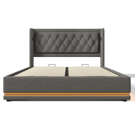 Cama contentora acolchoada 160 x 200 cm em tecido de algodão - com função de carga e LED ao pé da cama - Cinzento Cama contentora acolchoada 160 x 200 cm em tecido de algodão - com função de carga e LED ao pé da cama - Cinzento