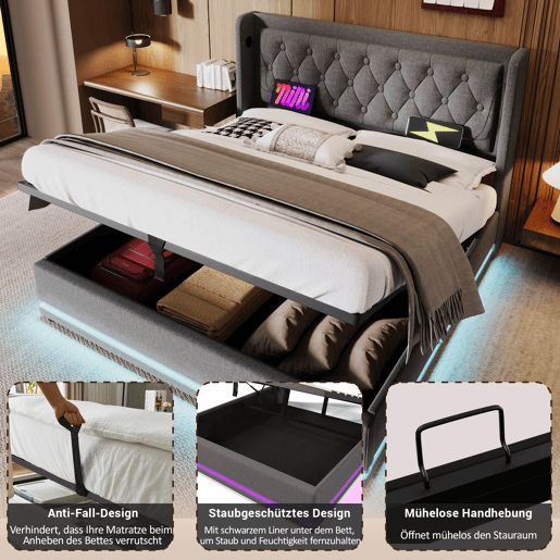Cama contentora acolchoada 160 x 200 cm em tecido de algodão - com função de carga e LED ao pé da cama - Cinzento Cama contentora acolchoada 160 x 200 cm em tecido de algodão - com função de carga e LED ao pé da cama - Cinzento