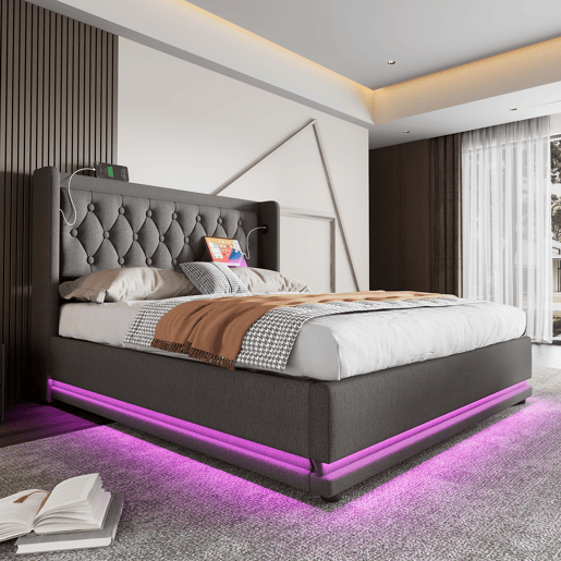 Cama contentora acolchoada 160 x 200 cm em tecido de algodão - com função de carga e LED ao pé da cama - Cinzento Cama contentora acolchoada 160 x 200 cm em tecido de algodão - com função de carga e LED ao pé da cama - Cinzento