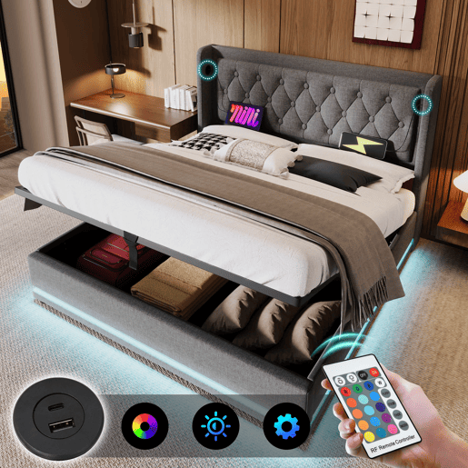 Cama contentora acolchoada 160 x 200 cm em tecido de algodão - com função de carga e LED ao pé da cama - Cinzento Cama contentora acolchoada 160 x 200 cm em tecido de algodão - com função de carga e LED ao pé da cama - Cinzento