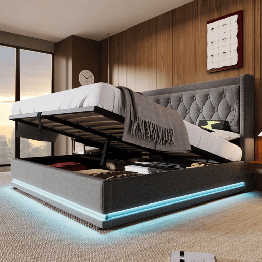 Cama contentora acolchoada 160 x 200 cm em tecido de algodão - com função de carga e LED ao pé da cama - Cinzento Cama contentora acolchoada 160 x 200 cm em tecido de algodão - com função de carga e LED ao pé da cama - Cinzento