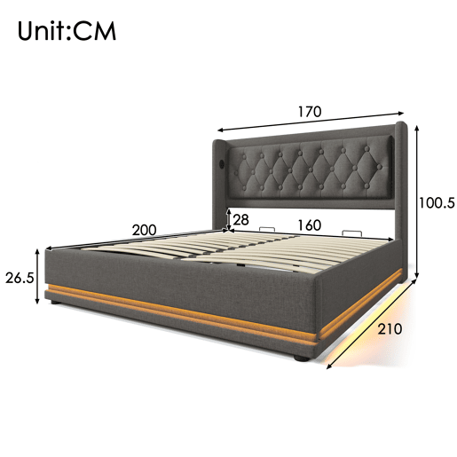 Cama contentora acolchoada 160 x 200 cm em tecido de algodão - com função de carga e LED ao pé da cama - Cinzento Cama contentora acolchoada 160 x 200 cm em tecido de algodão - com função de carga e LED ao pé da cama - Cinzento