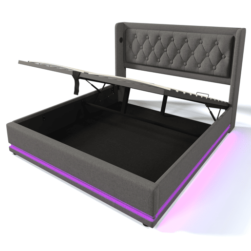 Cama contentora acolchoada 160 x 200 cm em tecido de algodão - com função de carga e LED ao pé da cama - Cinzento Cama contentora acolchoada 160 x 200 cm em tecido de algodão - com função de carga e LED ao pé da cama - Cinzento