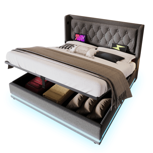 Cama contentora acolchoada 160 x 200 cm em tecido de algodão - com função de carga e LED ao pé da cama - Cinzento Cama contentora acolchoada 160 x 200 cm em tecido de algodão - com função de carga e LED ao pé da cama - Cinzento
