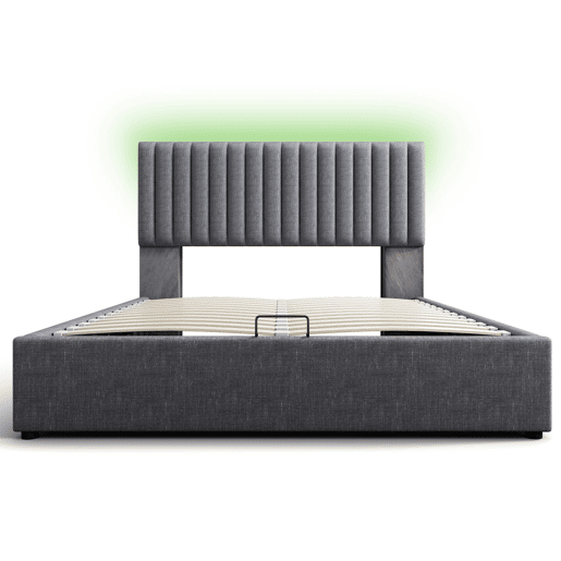 Cama de arrumação estofada em linho com portas de carregamento e LED - 140x200 cm - 3 compartimentos na cabeceira ajustável - Cinzento