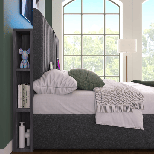 Cama de arrumação estofada em linho com portas de carregamento e LED - 140x200 cm - 3 compartimentos na cabeceira ajustável - Cinzento