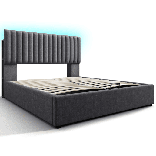 Cama de arrumação estofada em linho com portas de carregamento e LED - 140x200 cm - 3 compartimentos na cabeceira ajustável - Cinzento