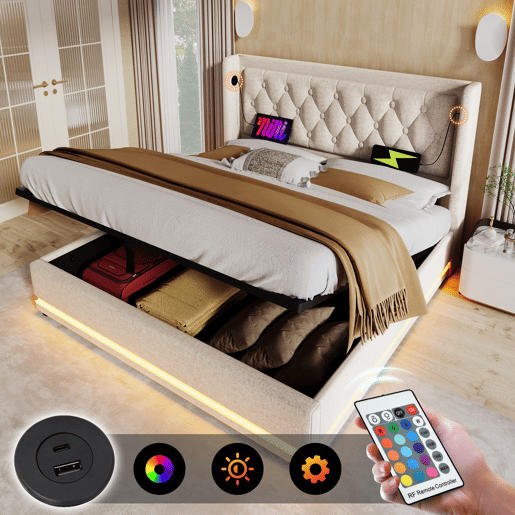 Cama contentora estofada 180 x 200 cm em tecido de algodão - com função de carga e LED ao pé da cama - Bege