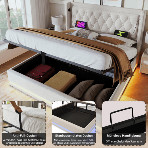 Cama contentora estofada 180 x 200 cm em tecido de algodão - com função de carga e LED ao pé da cama - Bege