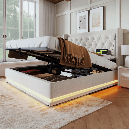 Cama contentora estofada 180 x 200 cm em tecido de algodão - com função de carga e LED ao pé da cama - Bege