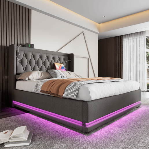 Cama contentora estofada 180 x 200 cm em tecido de algodão - com função de carga e LED ao pé da cama - Cinzento