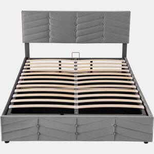 Cama de contentor em veludo com estrado de ripas + cabeceira regulável - 140x190cm - Cinzento