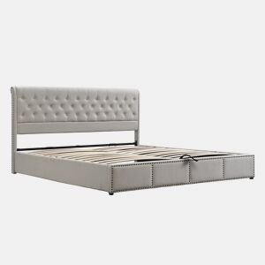 Cama contentora estofada em linho - decorada com rebites - com estrado de ripas - 180x200cm - Cinzento claro