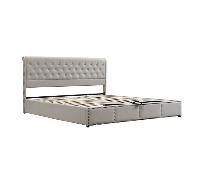 Cama contenedor tapizada de lino - decorada con remaches - con somier de láminas - 180x200cm - gris claro