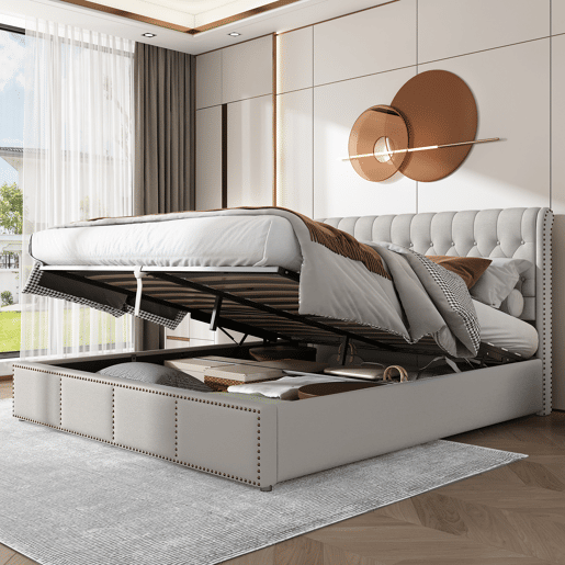 Cama contentora estofada em linho - decorada com rebites - com estrado de ripas - 180x200cm - Cinzento claro