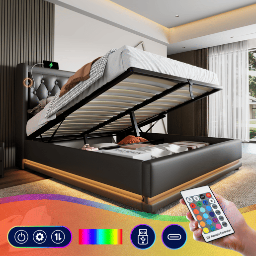 Cama contentora estofada de 140 x 200 cm em imitação de pele - com função de carregamento e LED ao pé da cama - Preto