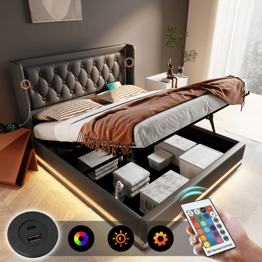 Cama contentora estofada de 140 x 200 cm em imitação de pele - com função de carregamento e LED ao pé da cama - Preto