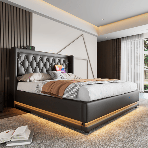 Cama contentora estofada de 140 x 200 cm em imitação de pele - com função de carregamento e LED ao pé da cama - Preto
