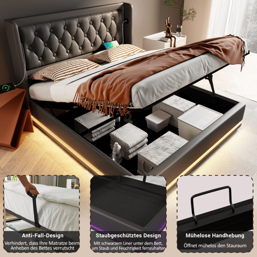 Cama contentora estofada de 140 x 200 cm em imitação de pele - com função de carregamento e LED ao pé da cama - Preto