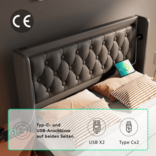 Cama contentora estofada de 140 x 200 cm em imitação de pele - com função de carregamento e LED ao pé da cama - Preto