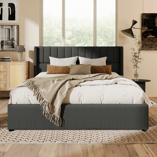 Cama contentora estofada em linho 160x200 cm com estrado de ripas - Cinzento