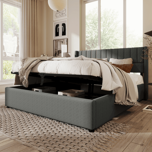 Cama contentora estofada em linho 160x200 cm com estrado de ripas - Cinzento
