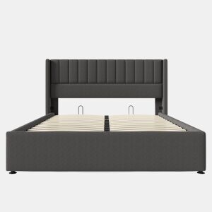 Cama contentora estofada em linho 180x200 cm com estrado de ripas - Cinzento