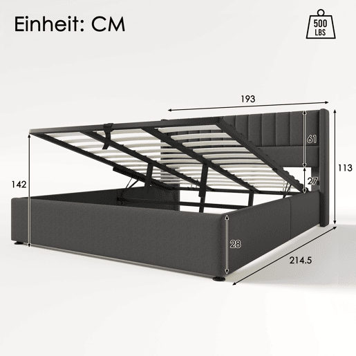 Cama contentora estofada em linho 180x200 cm com estrado de ripas - Cinzento