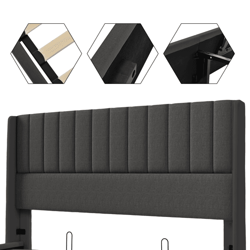 Cama contentora estofada em linho 180x200 cm com estrado de ripas - Cinzento