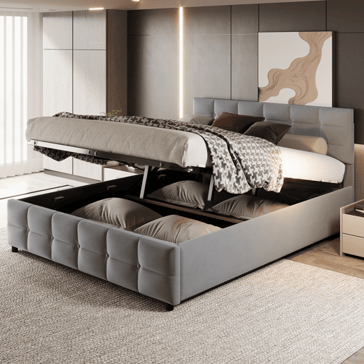 Cama de arrumação em veludo 180x200 cm - com estrado de molas - Cinzento Cama de arrumação em veludo 180x200 cm - com estrado de molas - Cinzento